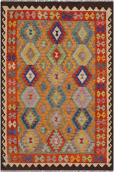 Flat Weave Kilim Antique Navaho Vintage handmade Geometric Kilim Brown Ivory Hand-Woven Rectangle 100% Wool Area Rug 5x7